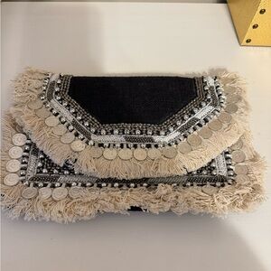 Embellished Black and Beige Fringe Clutch